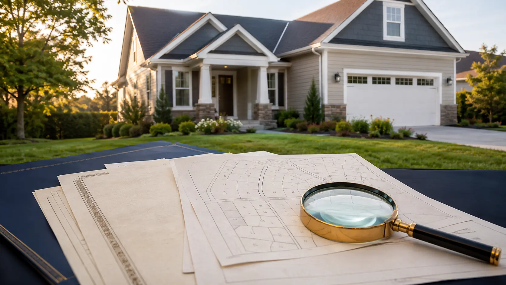House, property records, parcel map, and magnifying glass representing unclaimed property and surplus research